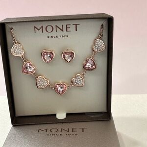 Monet Rose Gold Tone Pink Heart Crystal Necklace and Studs-New in Box
